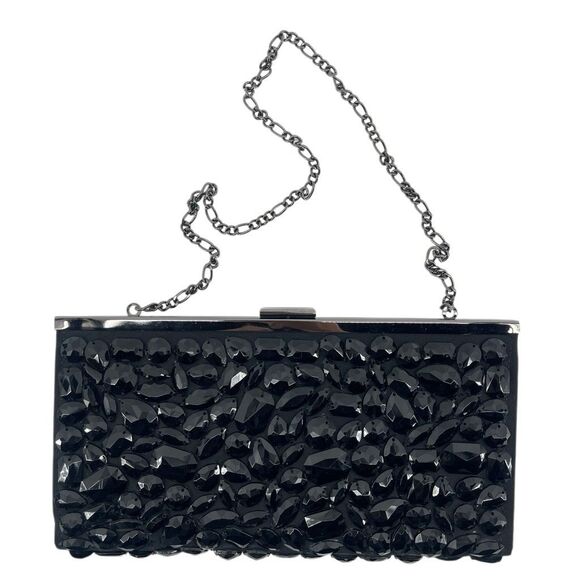 White House Black Market Black Faceted Beaded Evening Clutch Hard Case - Picture 2 of 11